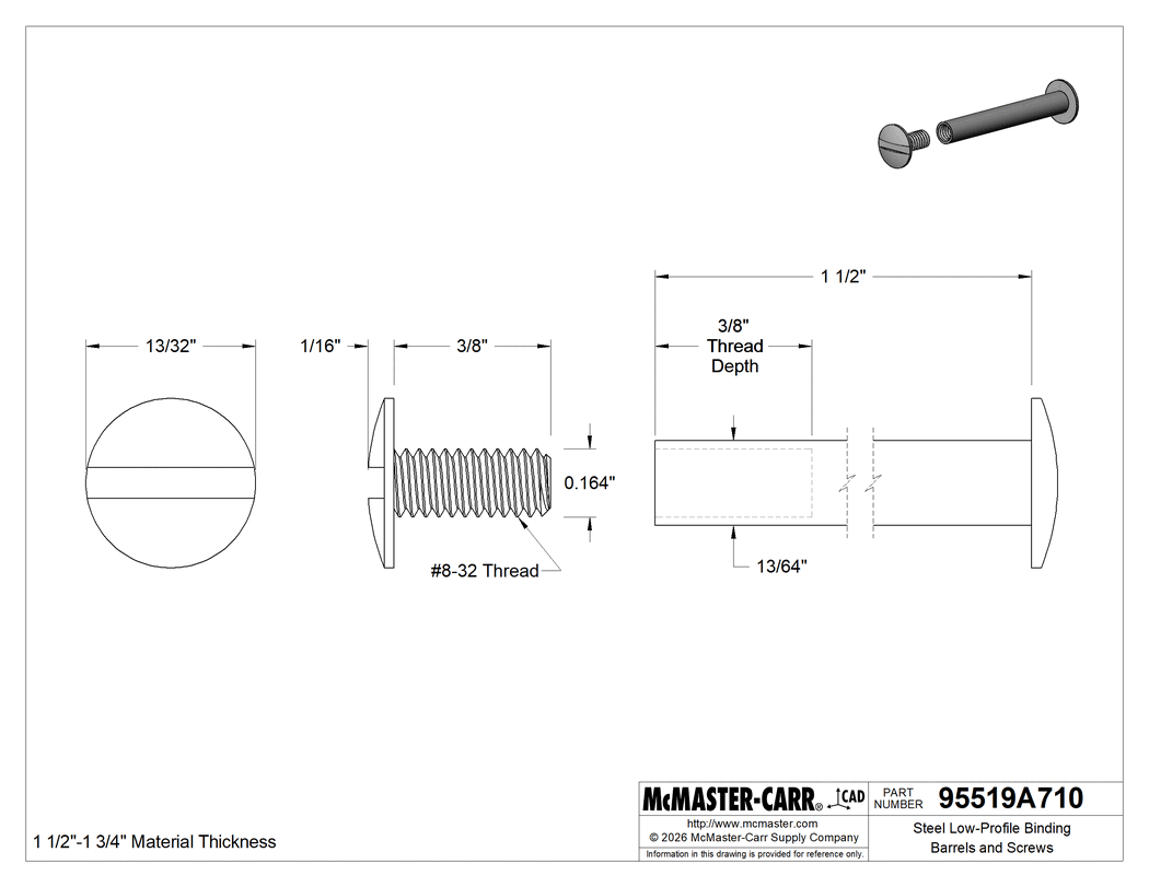 Technical Drawing of Steel Low-Profile Binding Barrel and Screw, Black-Oxide, 8-32 Thread, for 1.5" to 1.75" Material Thickness .